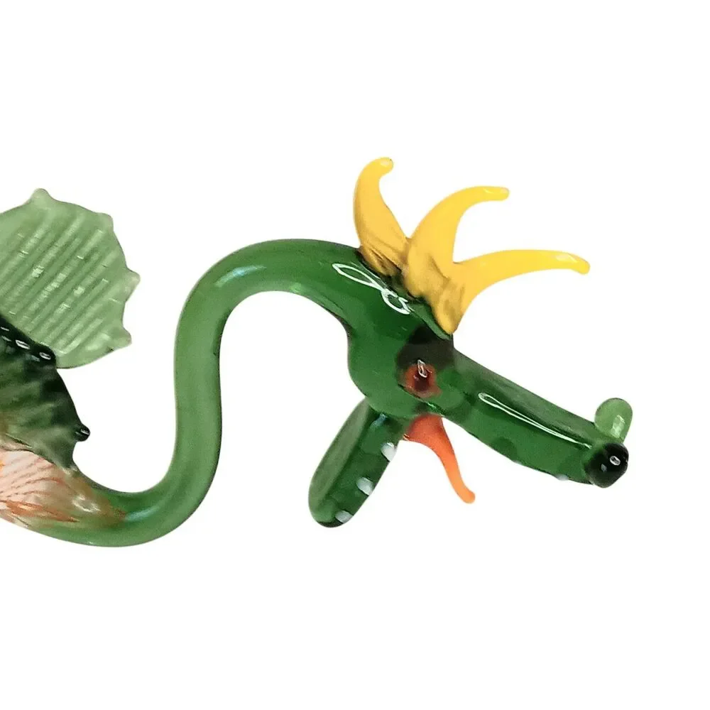 VTG Miniature Hand Blown Glass Dragon Green Yellow Orange Tongue 5